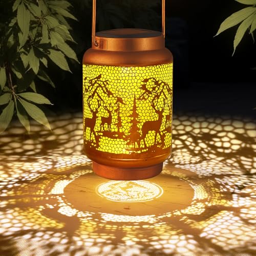 Solar Lanterns Outdoor Waterproof Gifts for Women Grandma Gifts | HanGing Solar Lantern for Mom Christmas Garden Decor Solar Hanging Lantern Metal for Patio Yard Festival Pathway Landscape - style: Round Deer