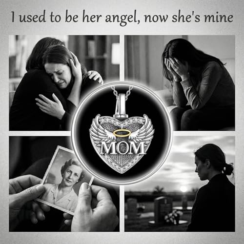 Family Members Urn Necklace for Ashes 925 Sterling Silver Angel Wings Heart Cremation Memorial Keepsake Pendant Jewelry for Loved One's Ashes, with 18" + 2" Stainless Steel Chain - style: Heart-Mom