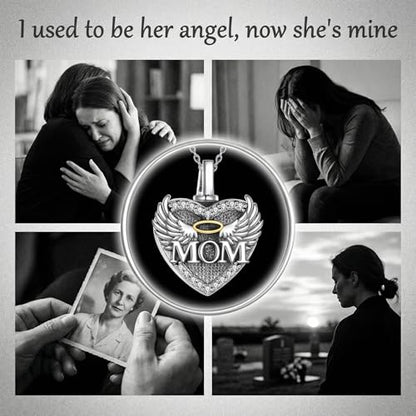 Family Members Urn Necklace for Ashes 925 Sterling Silver Angel Wings Heart Cremation Memorial Keepsake Pendant Jewelry for Loved One's Ashes, with 18" + 2" Stainless Steel Chain - style: Heart-Mom
