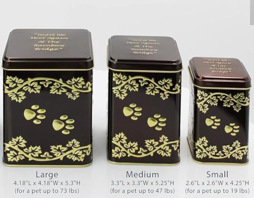 Rainbow Bridge Cremation Urn Tins Set - Small, Medium, Large - Nesting Memorial Containers with Gold Paw Prints and Ivy Design - Pet Ashes and Keepsakes