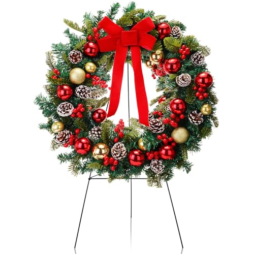 Crowye 24in Christmas Cemetery Wreaths for Graves with 30 Inch Wreath Easel Stand Outdoor Cemetery Stand Decoration Red Bows Xmas Headstone Decor for Memorial Ornament Supplies(Classic) - style: Classic