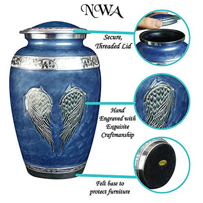 Blue Angel Wings Funeral Cremation Urn with Matching Keepaske, Bag and Personalization (Royal Blue, Large) - color: Royal Blue, size: Large