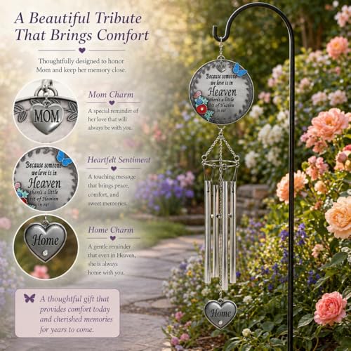 Memorial Wind Chime for Loss of Mom – Sympathy Gift for Loss of Mother, Bereavement Wind Chimes with “Because Someone We Love is in Heaven” Poem, Indoor Outdoor Remembrance Gift, 21 Inch