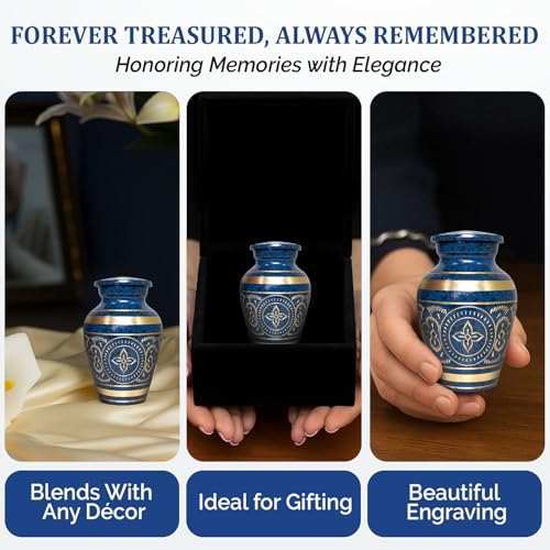 Small Urns for Human Ashes – Brass Hand-Engraved Funeral Keepsake with Elegant Blue Finish – Mini Cremation Memorial for Mom, Dad & Loved Ones - color: Blue