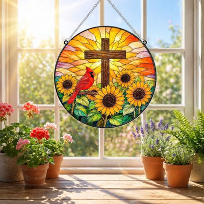 Cardinal with Jesus Cross & Sunflower Memorial Suncatcher, 8" Christian Stained Glass Wavy Acrylic, Sympathy Gift for Loss of Loved One, Mom, Dad, Grandma, Family Member, Religious Gifts for Women - color: Cardinal - Sunflower