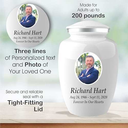 Personalized Photo Cremation Urns for Adult Ashes Male Female - 200lbs Custom Photo Burial Urns for Human Ashes - Engraved Handcrafted Funeral Decorative Urns for Adult with Velvet Bag,White