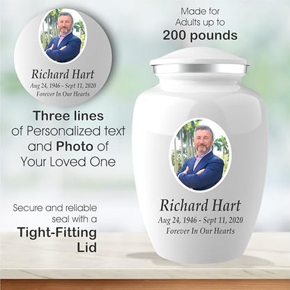 Personalized Photo Cremation Urns for Adult Ashes Male Female - 200lbs Custom Photo Burial Urns for Human Ashes - Engraved Handcrafted Funeral Decorative Urns for Adult with Velvet Bag,White