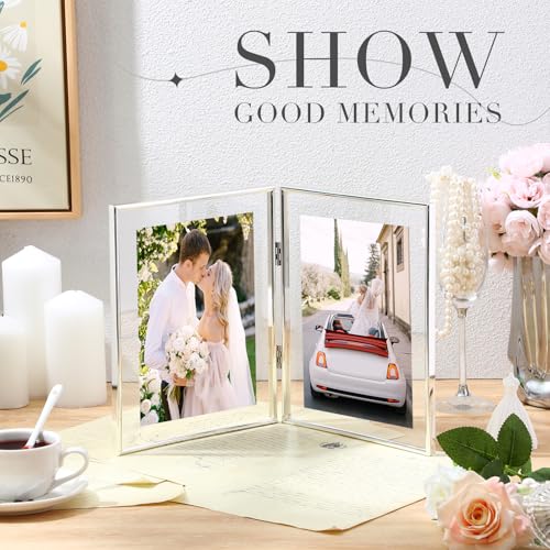 Sintuff 8" x 10'' Brass Double Picture Frame Clear Double Folding Hinged Frame Acrylic Memorial Photos Displayed Stand for Desktop Artwork Plants Specimen Graduation Christmas Gifts(Silver) - color: Silver