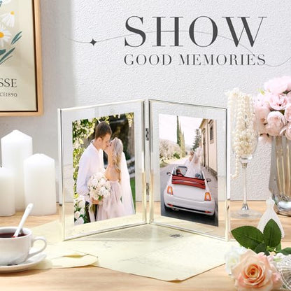Sintuff 8" x 10'' Brass Double Picture Frame Clear Double Folding Hinged Frame Acrylic Memorial Photos Displayed Stand for Desktop Artwork Plants Specimen Graduation Christmas Gifts(Silver) - color: Silver