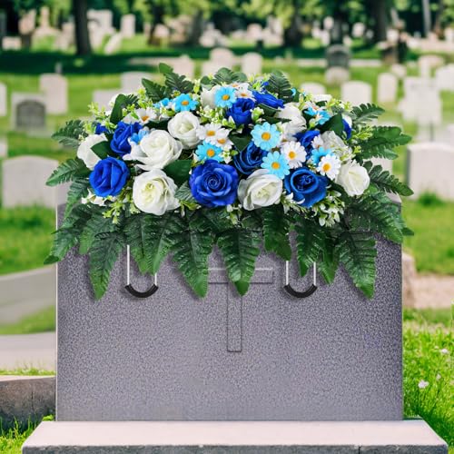 Artificial Cemetery Flowers, Saddle Headstones Decoration, Artificial Rose Daisy Bouquet Graveyard Memorial Flowers (Blue and White)