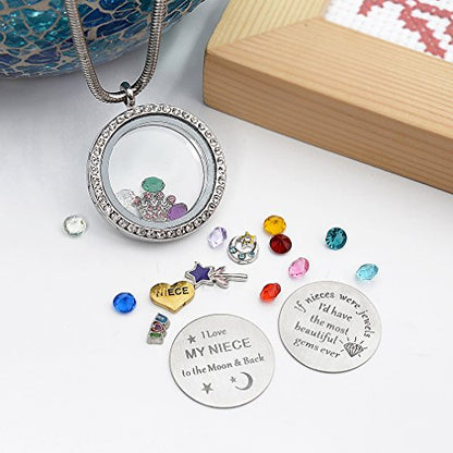 Beffy Locket Gifts for Niece Aunt, Floating Living Memory Necklace Pendant | Pendant Charm & Birthstone for Women, Mothers Day, Birthday, Stainless Steel - color: NiecesAunt-C001