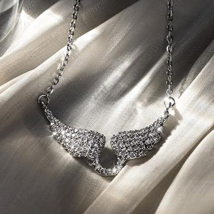 Bow Heart Pendent Pendant Necklace for Women White Crystal Necklace Dainty Silver Plated Necklace Bow Jewelry with Zirconia, Heart Choker Necklaces for Her Gifts - style: Wings Silver