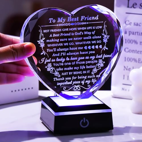 Arikyrist Best Friend Birthday Gifts with Colorful LED Base Crystal to My Best Friend Heart Gifts Friendship Gift for Women for Christmas Female Friend Gift Ideas BFF Gift for Her, Bestie Gifts - style: Best Friend Gifts 2