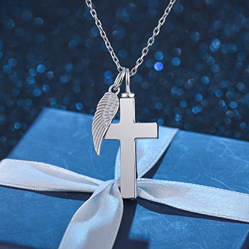 BEILIN Angel Wings Cross Cremation Urn Pendant Necklace Jewelry for Women | 925 Sterling Silver, Cross Souvenir Ashes Pendant, Cremation Jewelry for Human Pets, Memorial Keepsake, Hypoallergic