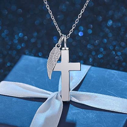 BEILIN Angel Wings Cross Cremation Urn Pendant Necklace Jewelry for Women | 925 Sterling Silver, Cross Souvenir Ashes Pendant, Cremation Jewelry for Human Pets, Memorial Keepsake, Hypoallergic