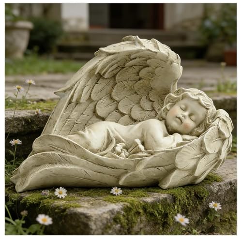 Sleeping Angel Statue, Baby in Wings Cherub Figurine | Resin Keepsake For Memorial Corners, Gardens, Patios, Porches, Shelves, Mantels And Quiet Reflection Spaces - size: 7.9"H