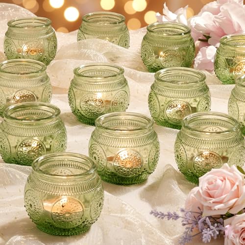 12 Pcs Green Candle Holder-Floral Style Vintage Candle Holders for Wedding Table Centerpieces, Bridal Shower Decor, Rustic Wedding Decor, Tea Party - color: Green