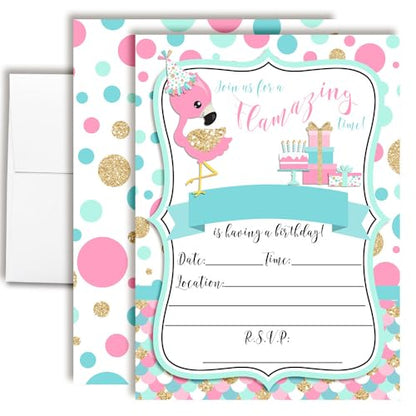 Flamazing Pink Aqua & Gold Glitter Polka Dot Flamingo Birthday Party Invitations for Girls, 20 5x7 Fill In Cards with Twenty White Envelopes by AmandaCreation - style: Flamazing Pink Aqua & Gold Glitte