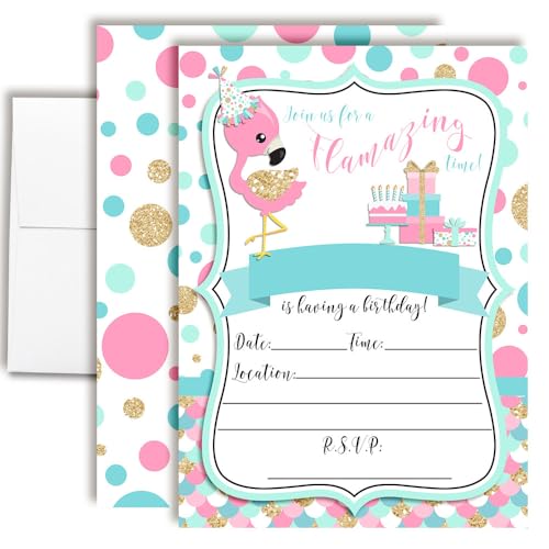 Flamazing Pink Aqua & Gold Glitter Polka Dot Flamingo Birthday Party Invitations for Girls, 20 5x7 Fill In Cards with Twenty White Envelopes by AmandaCreation - style: Flamazing Pink Aqua & Gold Glitte