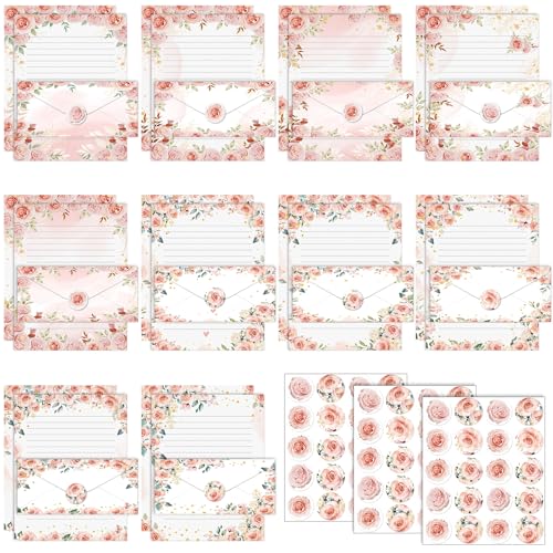 TaoBary 160 Pcs Stationery Paper Set 50 Double Sided Stationery Papers with 50 Matching Envelopes and 60 Round Dot Sticker, 10 Design(Floral,8.5 x 11 Inch) - size: 8.5 x 11 Inch, style: Floral