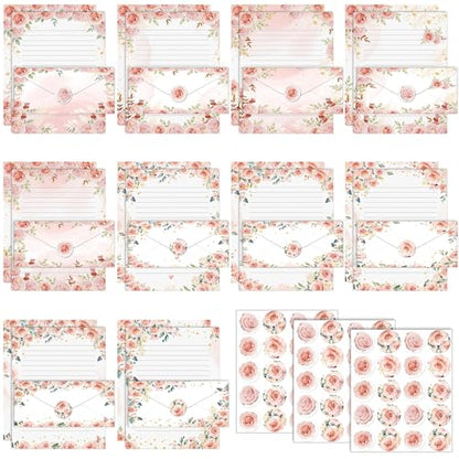 TaoBary 160 Pcs Stationery Paper Set 50 Double Sided Stationery Papers with 50 Matching Envelopes and 60 Round Dot Sticker, 10 Design(Floral,8.5 x 11 Inch) - size: 8.5 x 11 Inch, style: Floral
