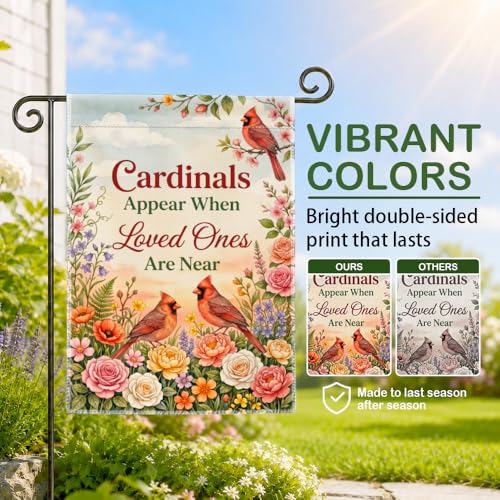 Cardinals Appear When Loved Ones Are Near Garden Flag 12x18 Inch Double Sided, Memorial Sympathy Outdoor Yard Flag, Cardinal Floral Porch Lawn Decor, Remembrance Gifts for Family Friends