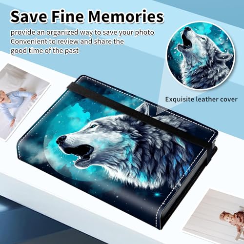 Photo Album 4x6 120 Pockets Photos with Elastic Band, Cute PU Leather Photo Books Small Mini Capacity Picture Album for Family Wedding Travel Anniversary Baby Vacation Pictures, Moon Wolf - color: Moon Wolf