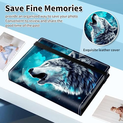 Photo Album 4x6 120 Pockets Photos with Elastic Band, Cute PU Leather Photo Books Small Mini Capacity Picture Album for Family Wedding Travel Anniversary Baby Vacation Pictures, Moon Wolf - color: Moon Wolf