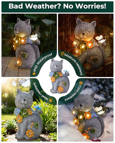 Vuees Solar Garden Statues Outdoor Decor, 6 LED Cat Flowers Butterfly Figurine Lights, Waterproof for Balcony Patio Porch Lawn Yard Ornament Art - Gift Ideas for Housewarming Gardening Grandma Women - style: Cat & Flowers