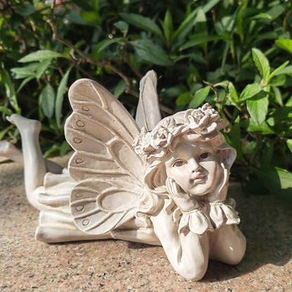 Laying Angel Garden Statue, Resin Fairy Figurine Outdoor Yard Decor | Whimsical Accent For Flower Beds, Patios, Shelves And Garden Lovers - style: Laying Angel Holding Face