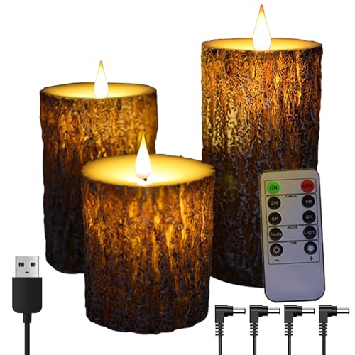 NICEME Rechargeable LED Pine Bark Flameless Candles with Timer Remote USB Cable, Brown Real Wax USB Candles Flickering Fireplace Cabin Decor Electric Fake Battery Pillar Bark Candles, D 3”×H 4”5”6” - color: Brown A, size: D 3”×H 4”5”6”