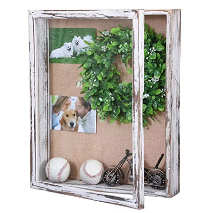 Shadow Box Frame16x20, Extra Large Shadow Boxes Display Cases with Hinged Door, Memorial Shadow Box Frame for Baseball Bouquet Flowers Wedding Jersey Medals Antique Keepsake -Rustic White | Solid Wood; 16x20-Inch Display; 4-Inch External Depth; Hinged Doo