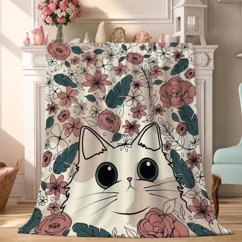 Cute Cat Fleece Throw Blanket, Floral Flannel Blankets for Couch 50"×60" - color: Cat