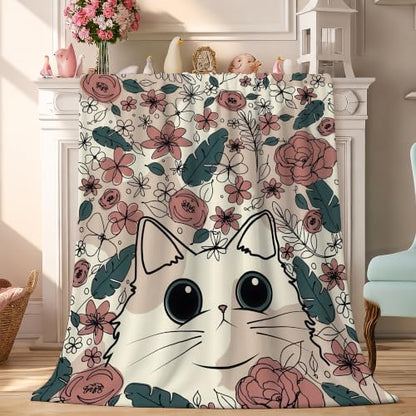 Cute Cat Fleece Throw Blanket, Floral Flannel Blankets for Couch 50"×60" - color: Cat