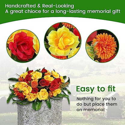 Headstone Flower Saddle,Large Artificial Cemetery Flowers for Grave-Realistic Red & Yellow Rose Mix Arrangement,Outdoor Memorial Decorations,Durable & Easy Fit