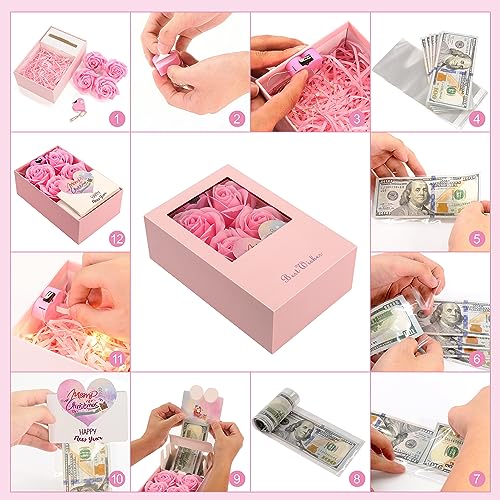 Money Box for Cash Gift Pull, Money Gift Boxes for Cash on Birthday, Christmas, Graduation, Mother's Day, for Husband, Wife, Girlfriend, Mother With Soap Rose Flower and Greeting Cards (Pink+Pink) - color: Pink+Pink