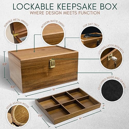 Locking Wooden Keepsake Box, Customizable Design With Adjustable Tray. Large Wooden Box with Hinged Lid for Wedding and Memory Keepsakes - color: Natural
