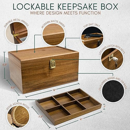 Locking Wooden Keepsake Box, Customizable Design With Adjustable Tray. Large Wooden Box with Hinged Lid for Wedding and Memory Keepsakes - color: Natural