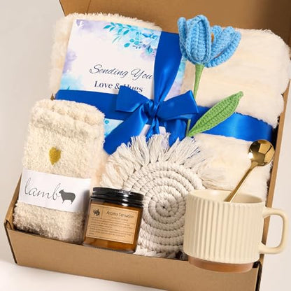 Get Well Soon Gifts for Women, Hug in a Box Care Package with Blanket & Mug, Surgery Recovery Gift Basket for Mom, Grandma, Sister, Friends – Blue Comfort Box with Best Wishes for Mother's Day
