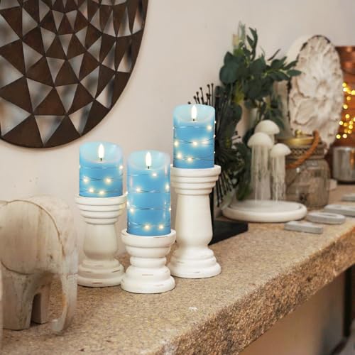 Homemory Flameless Candles with String Lights, 3 Pack Embedded Fairy String Lights LED Candles, Electric Flickering Candles with Remote Control and Timer, Real Wax, Blue - color: Blue