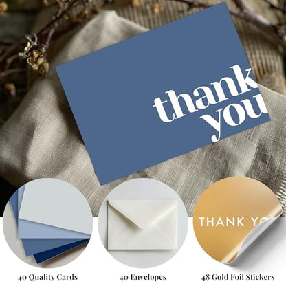 Paper Play Thank You Cards Bulk Pack of 40 Blue, 5x3.5 Inches with Matching Stickers & Envelopes, Minimalistic Design Suitable for Business, Baby Shower, Wedding, Small Business, Graduation, Funeral | 5 x 3.5", Matching Stickers, Suitable for Business, Ba