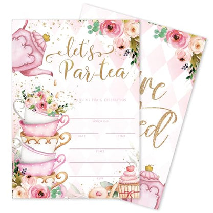 Whaline 25 Packs Tea Party Invitations 5 x 7 Inch Floral Fill-In Invitation Cards with Envelopes Stickers Sweet Dessert Blank Invites for Party Tea Time Birthday Supplies - style: Tea Party
