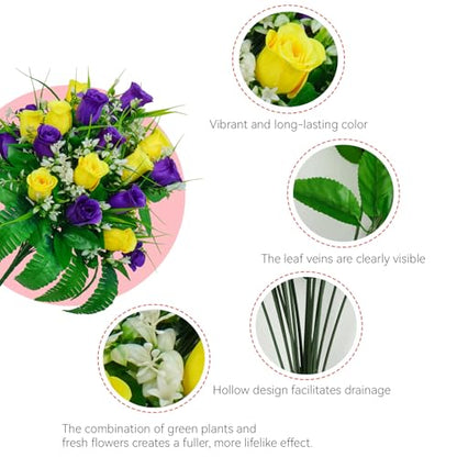 2 Sets Artificial Cemetery Flowers For Grave 24 Heads Flowers For Cemetery - color: Yellow + Purple