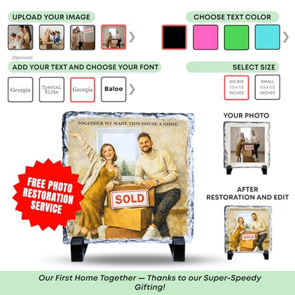 Personalized Photo Rock Slate Frame - First Home - Square Shape | Custom Stone Plaque Picture Frame, Our First Home Personalized Photo Frame, Customizable Picture Frame in Two Sizes - color: First-Home-Slate