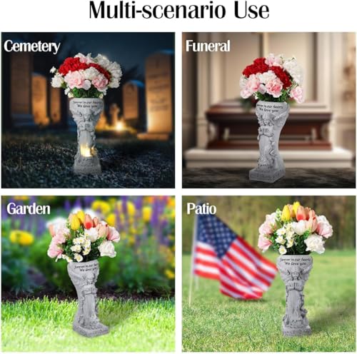 Lewondr Solar Cemetery Vase for Grave, Praying Angel Garden Stake Sculpture | Waterproof Memorial Flower Holder with Solar Candle Light, Sympathy Gifts for Loss of Loved One, Gray - color: Gray B