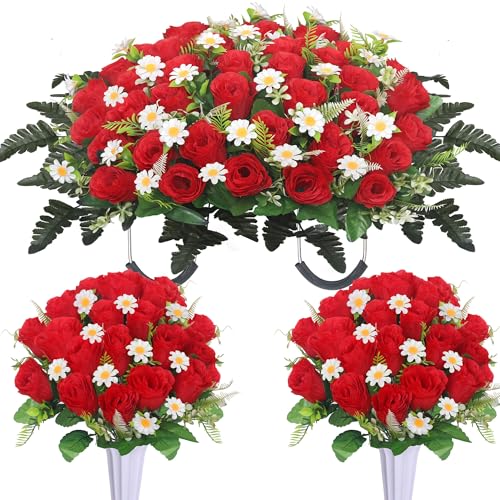 Lodou 3 Pcs Artificial Cemetery Flowers for Graves – Memorial Flower Saddle & 2 Rose Bouquets with Vase,Cemetery Saddle Flowers for Headstone, Elegant Grave Decor for Headstones (Red) - color: Red