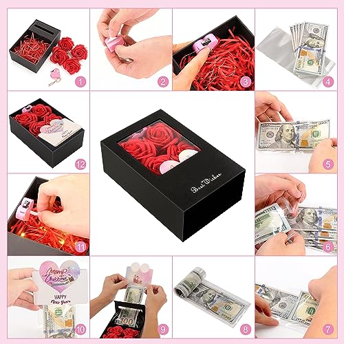 Money Box for Cash Gift Pull, Money Gift Boxes for Cash on Birthday, Christmas, Graduation, Mother's Day, for Husband, Wife, Girlfriend, Mother With Soap Rose Flower and Greeting Cards (Black+Red) - color: Black+Red