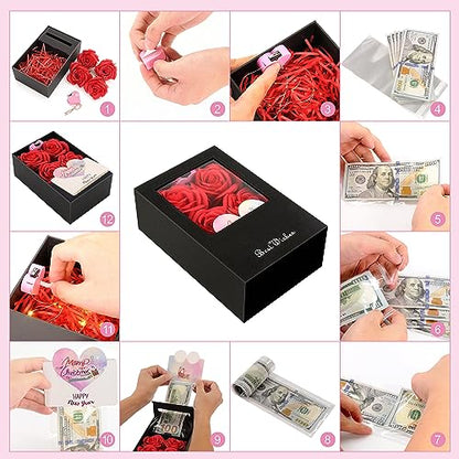 Money Box for Cash Gift Pull, Money Gift Boxes for Cash on Birthday, Christmas, Graduation, Mother's Day, for Husband, Wife, Girlfriend, Mother With Soap Rose Flower and Greeting Cards (Black+Red) - color: Black+Red