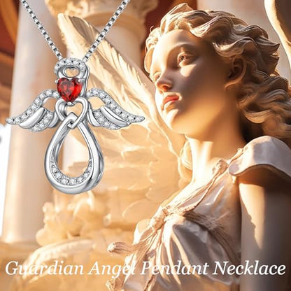 925 Sterling Silver Guardian Angel Pendant Necklace for Women with Birthstone Cubic Zirconia Little Angel Pendant Necklace Jewelry 18 inch Chain - color: 01-Jan-Garnet