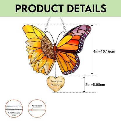 Butterfly Sunflower Acrylic Suncatcher with Card, I Love You Grandma Hanging with Heart Charm & Gift Card, Grandma Suncatcher, for Nana from Kids Grandkids - color: Grandma Butterfly Sunflower